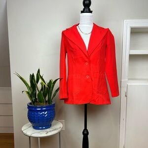 Vintage Polyester Retro Disco Blazer Bright Coral Red with Notched Dagger Collar